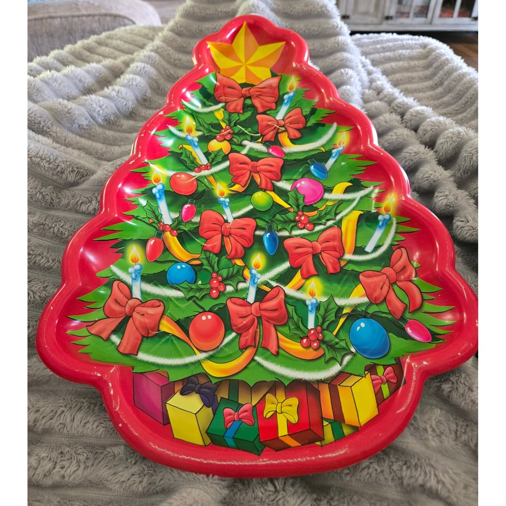 Vintage Christmas Tree Shaped Serving Tray Red Platter Holiday Decor 17x13